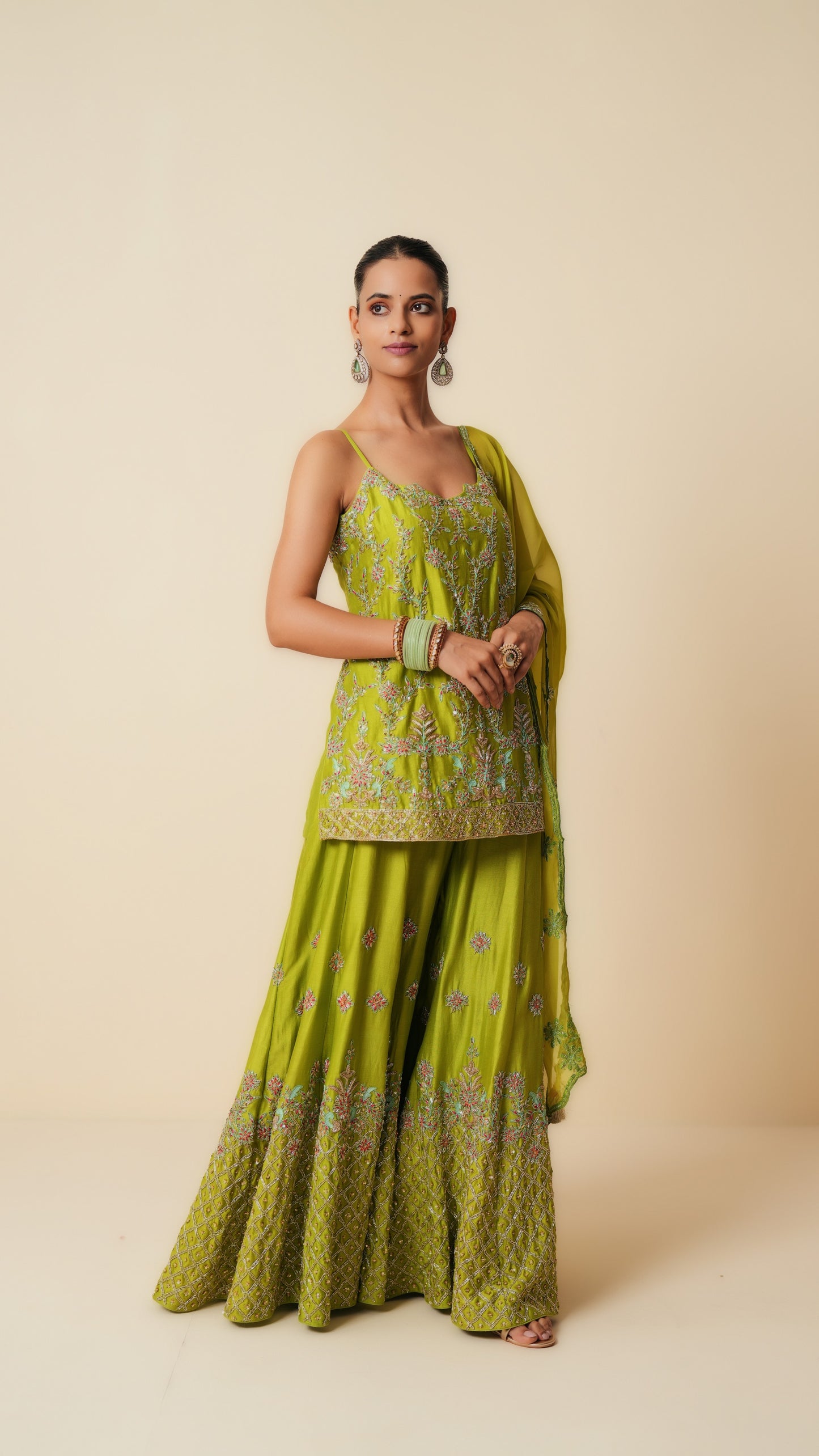 Green Embroidered Sharara Suit with Dupatta