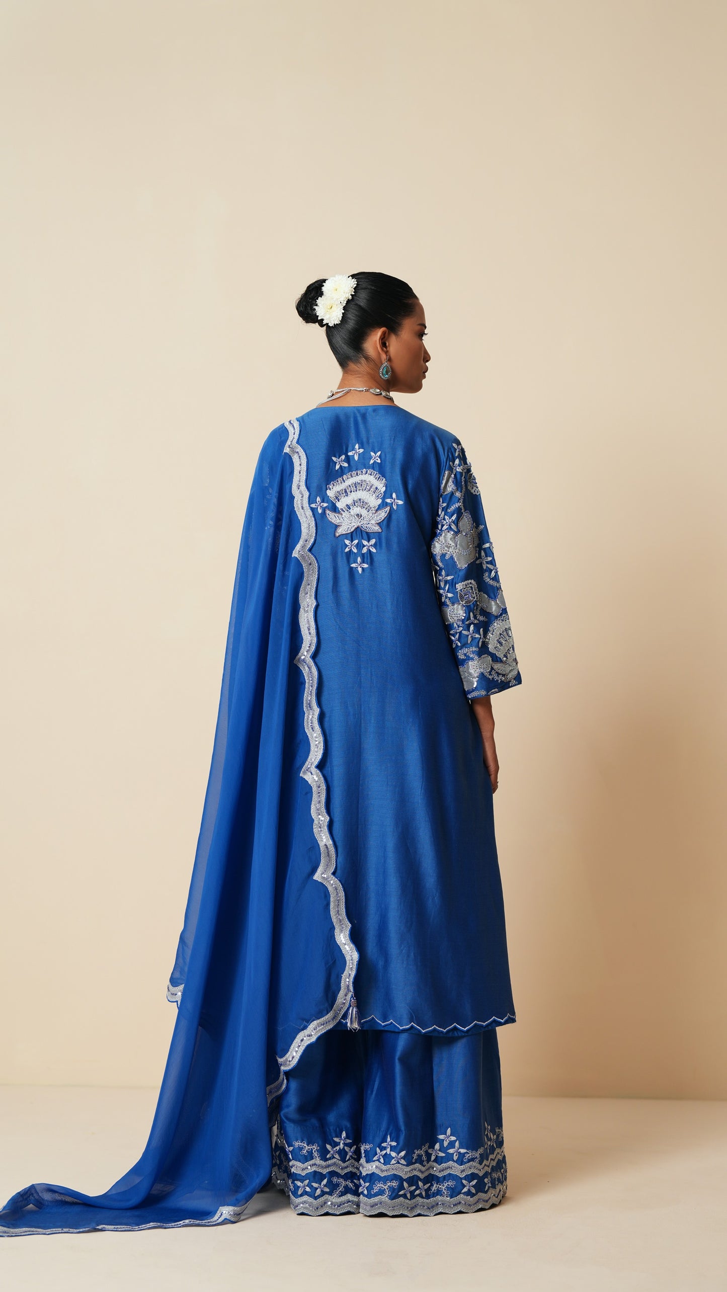 Traditional Blue Long Suit with Sharara & Dupatta