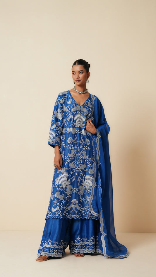 Traditional Blue Long Suit with Sharara & Dupatta