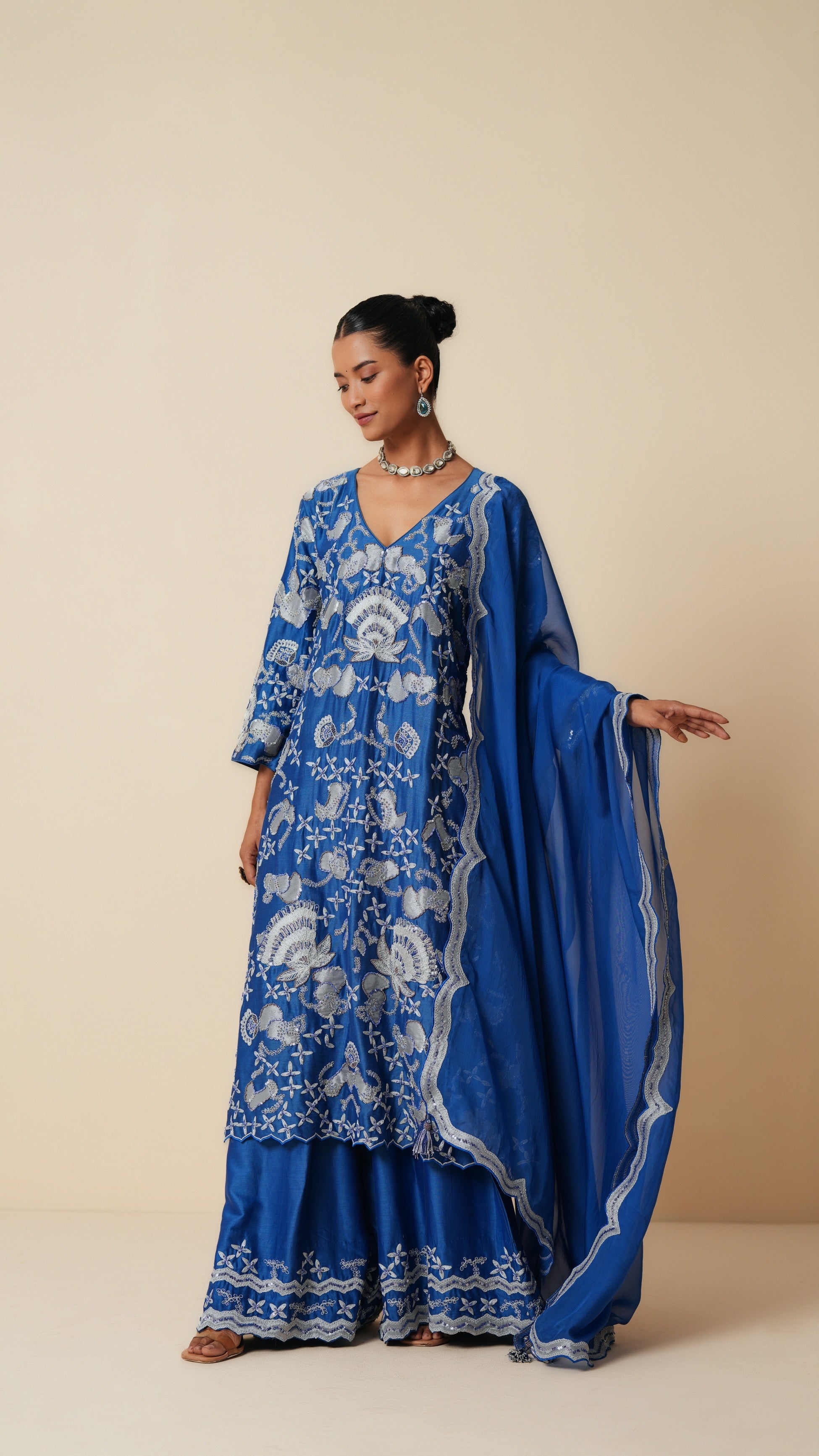 Traditional Blue Long Suit with Sharara & Dupatta