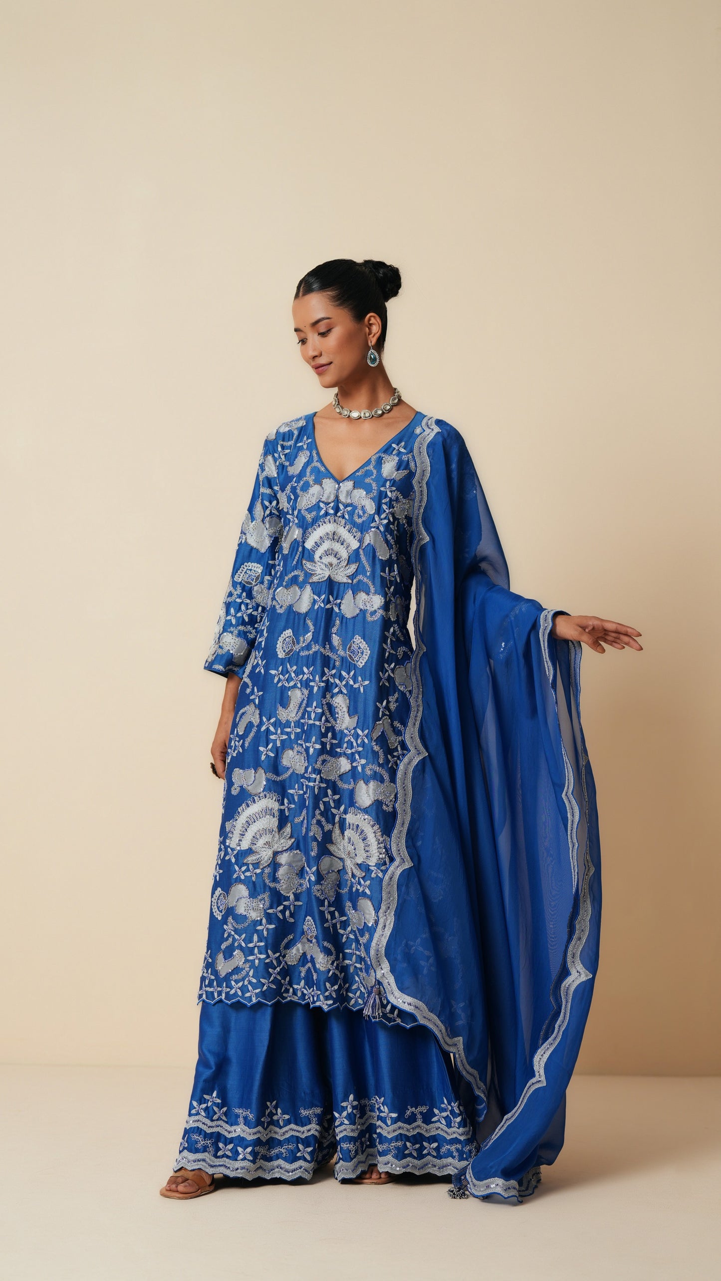 Traditional Blue Long Suit with Sharara & Dupatta