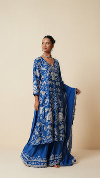 Traditional Blue Long Suit with Sharara & Dupatta