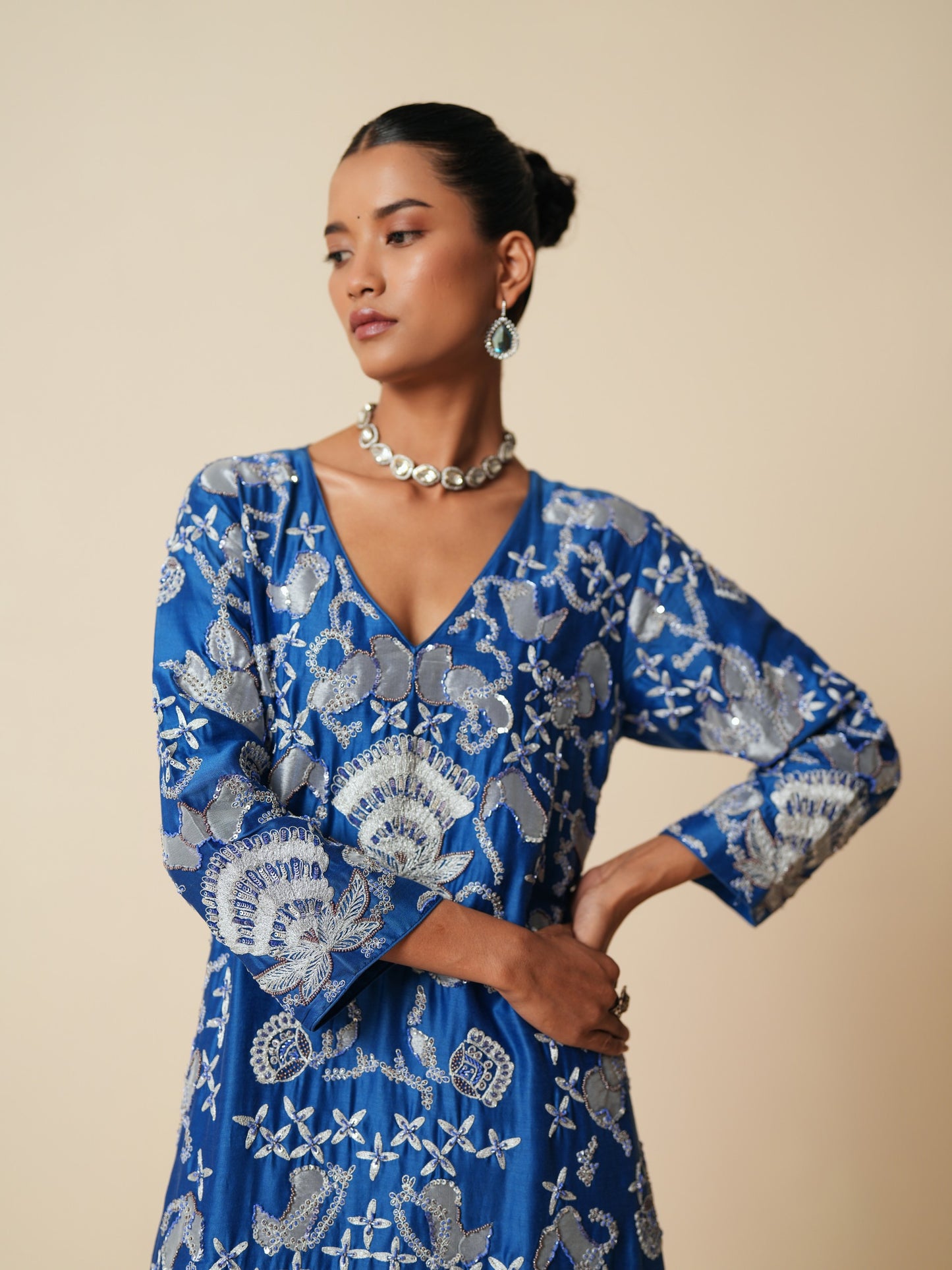 Traditional Blue Long Suit with Sharara & Dupatta
