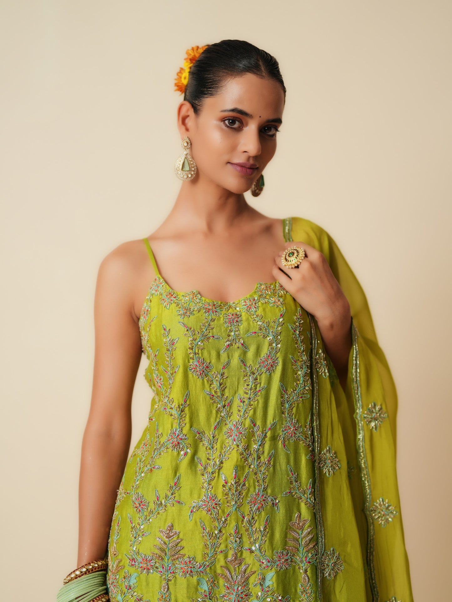 Green Embroidered Sharara Suit with Dupatta