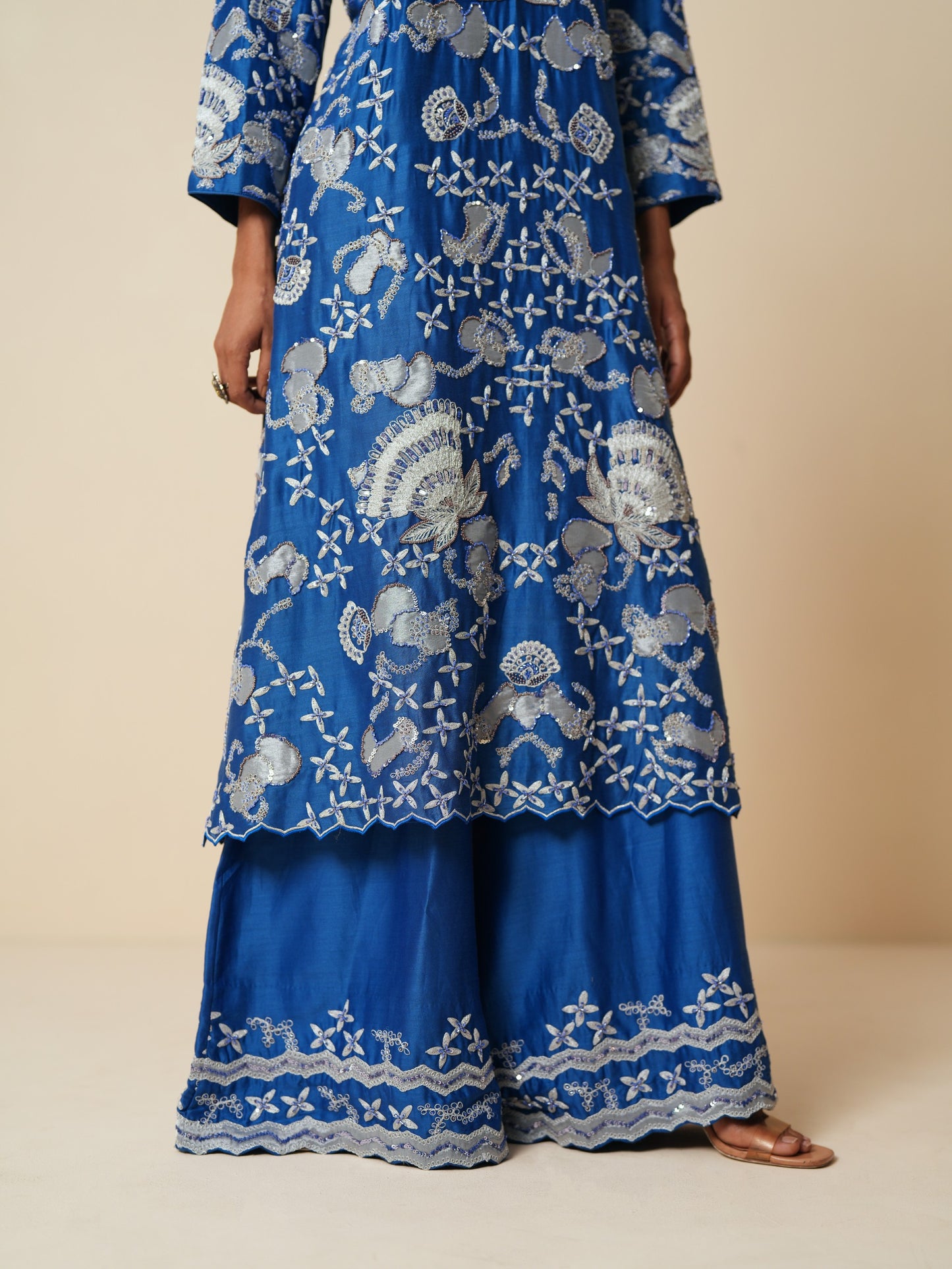 Traditional Blue Long Suit with Sharara & Dupatta