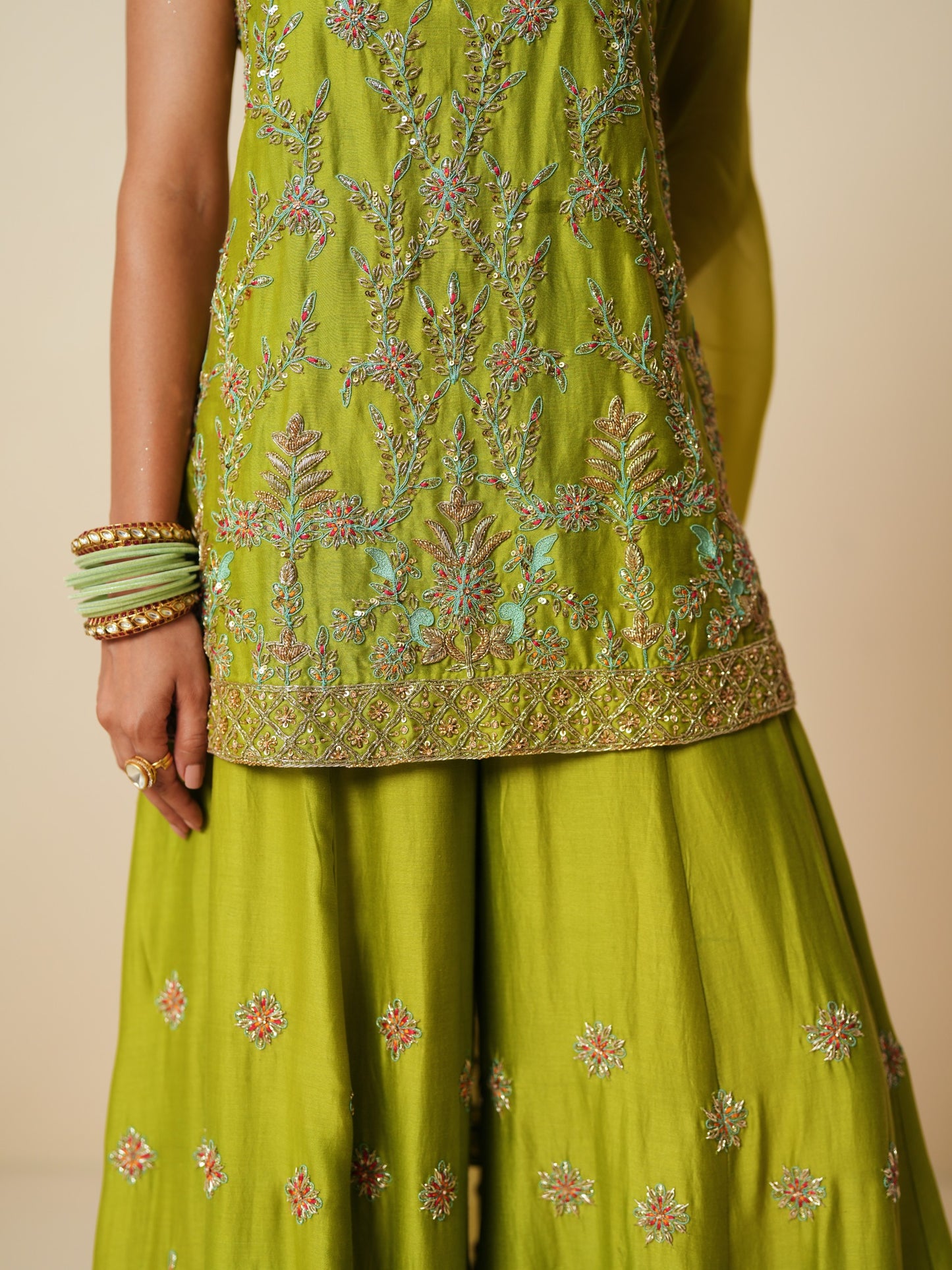 Green Embroidered Sharara Suit with Dupatta