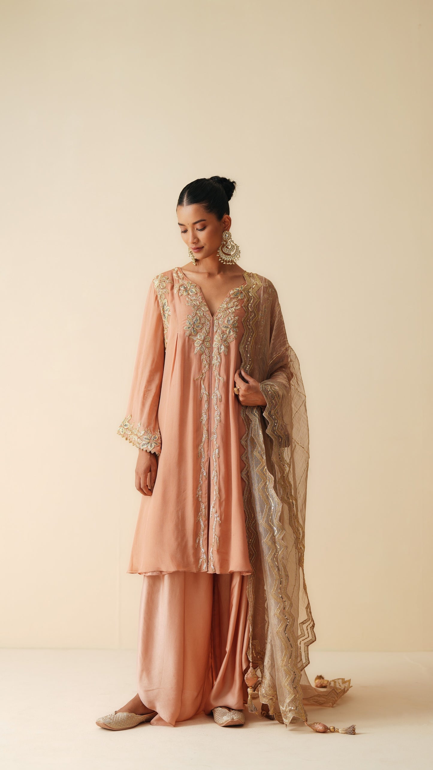 Rose Gold Chiffon Suit with Satin Tilted Q-Lock