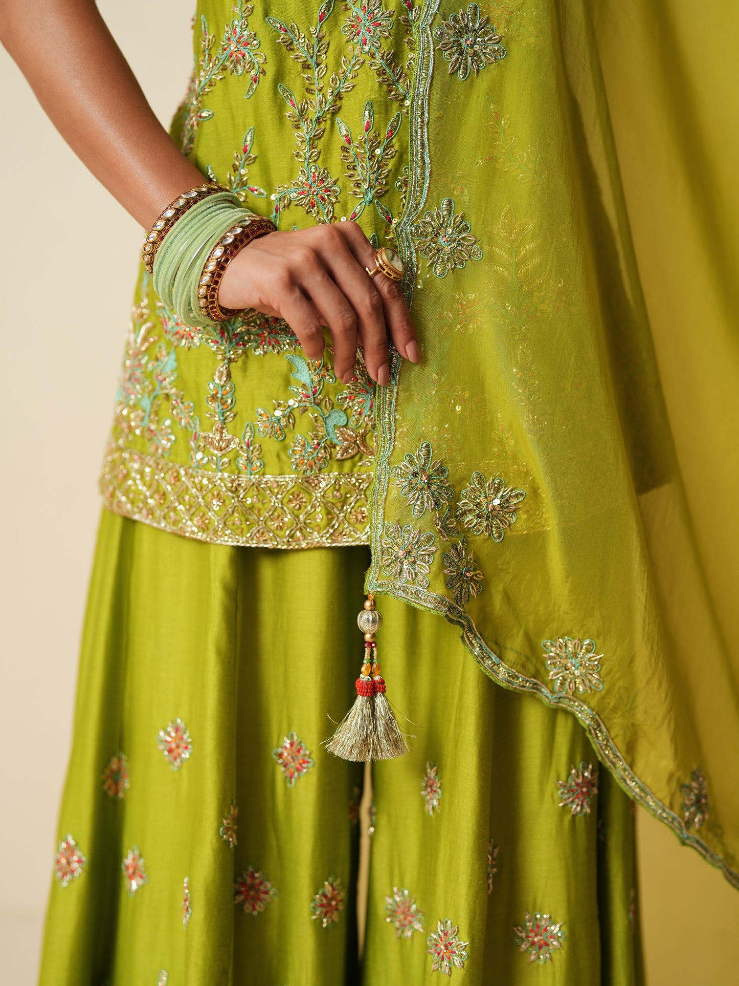 Green Embroidered Sharara Suit with Dupatta