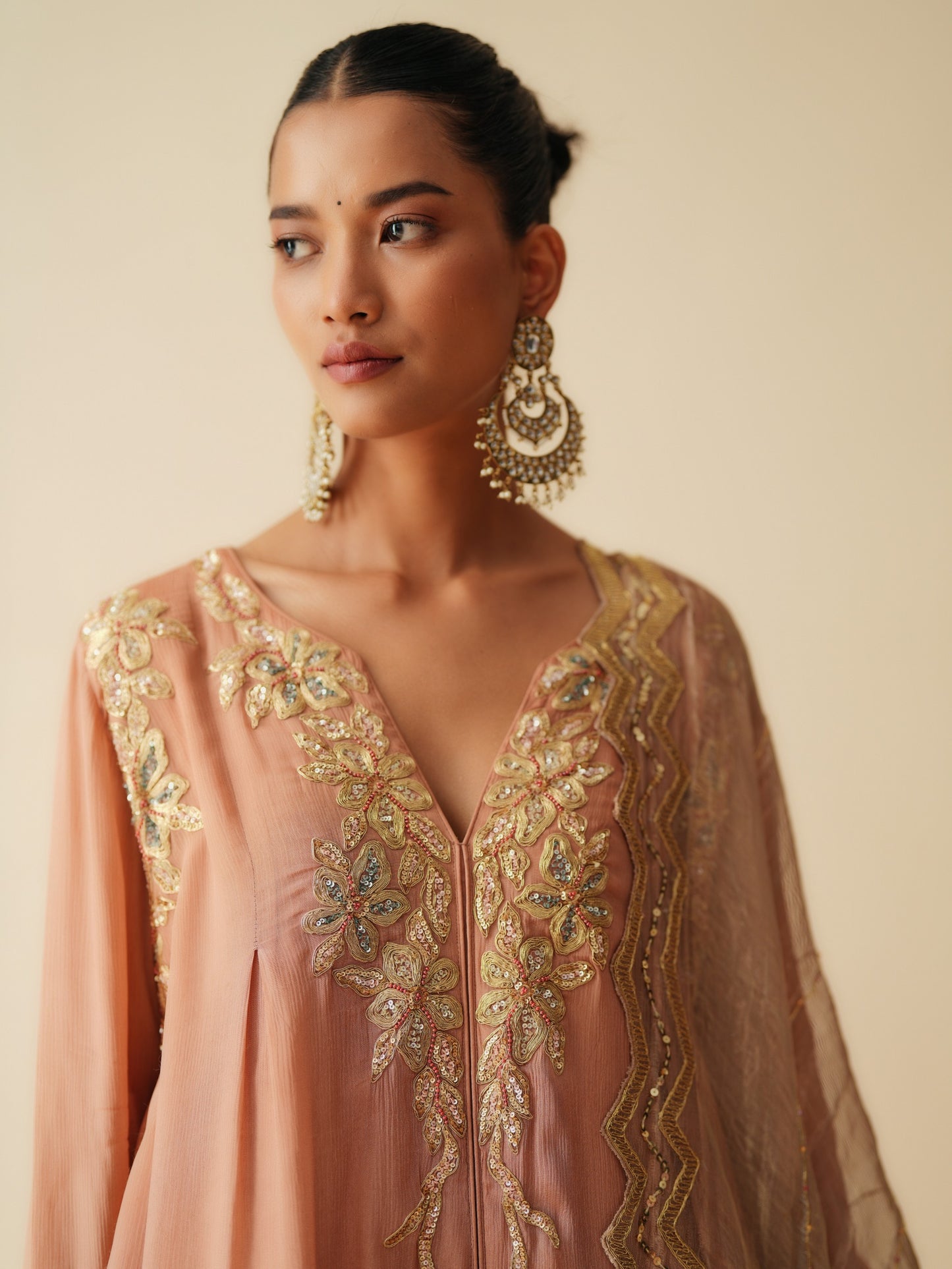 Rose Gold Chiffon Suit with Satin Tilted Q-Lock