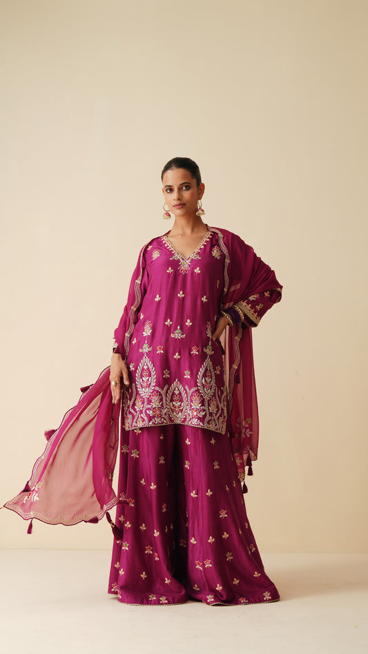 Designer Wine Pure Chanderi Sharara Set for Women