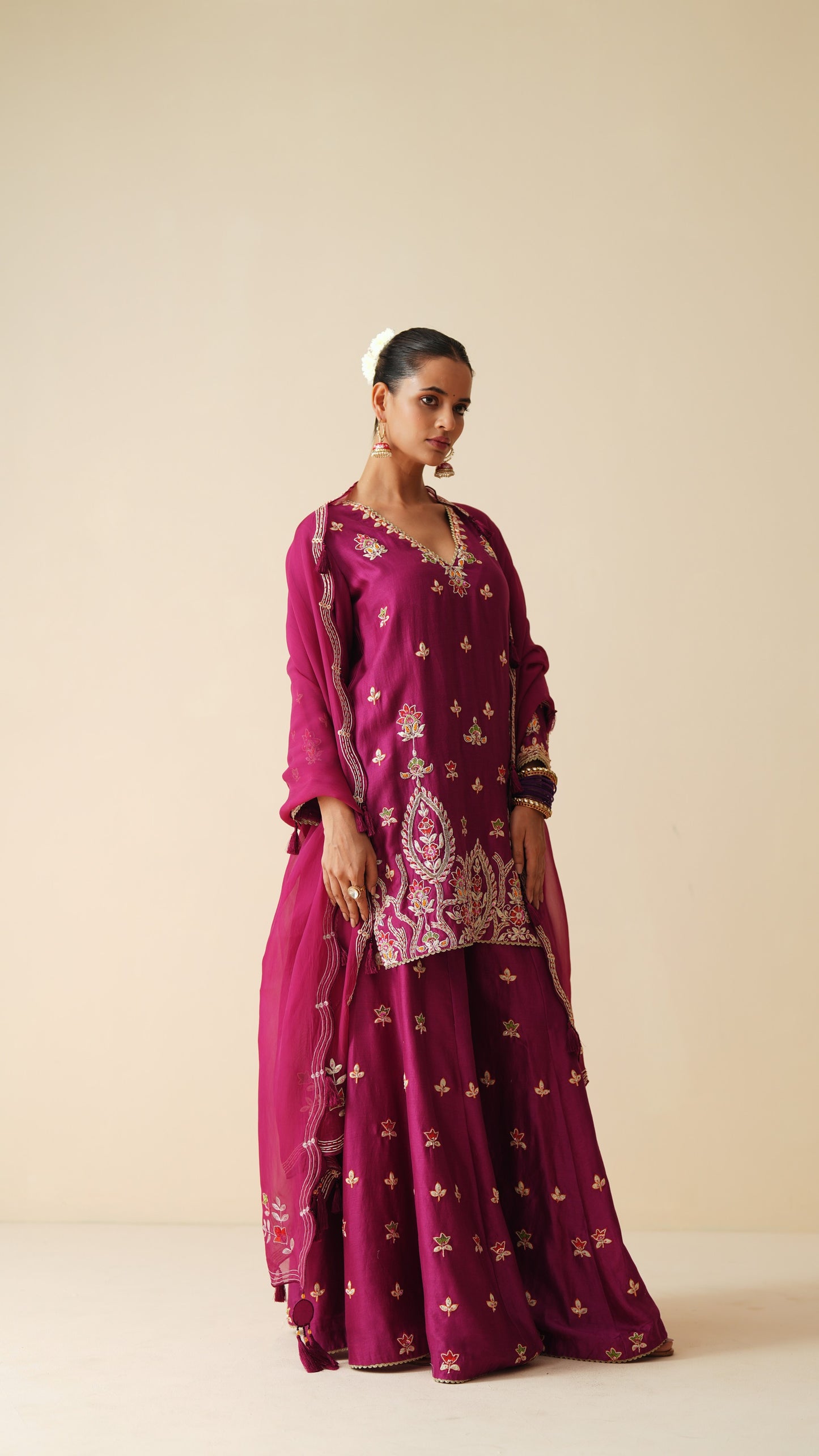 Designer Wine Pure Chanderi Sharara Set for Women