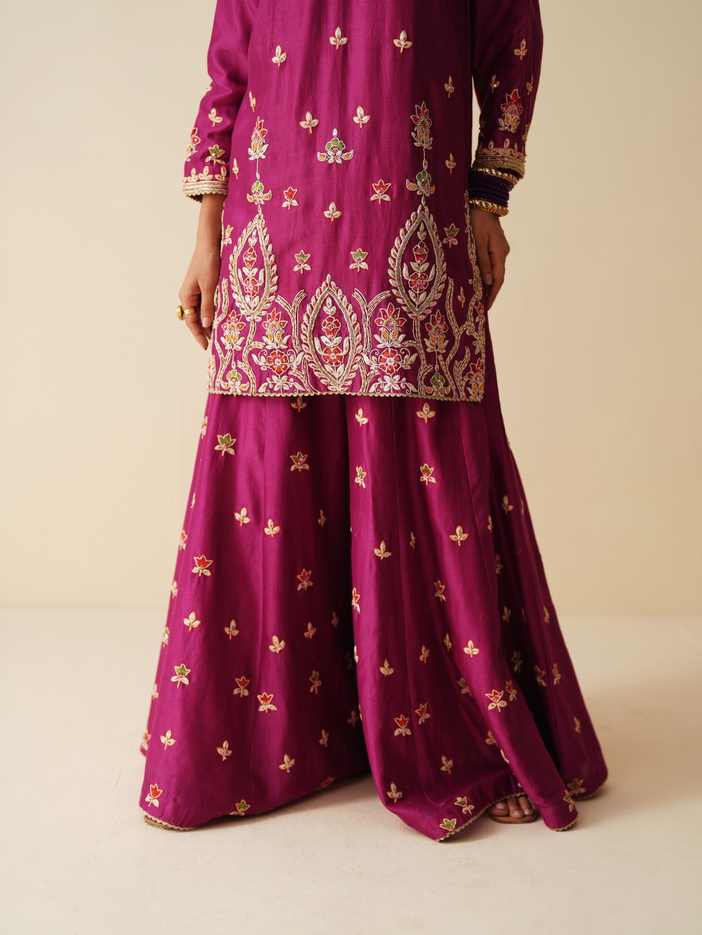Designer Wine Pure Chanderi Sharara Set for Women