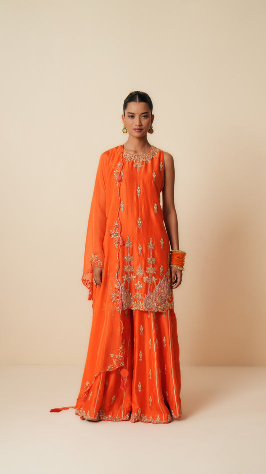 Orange Chanderi Silk Designer Sharara Set with Dupatta