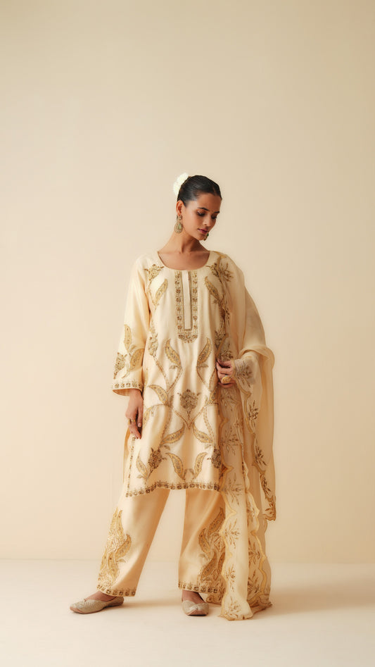 Beige Chanderi Silk Suit for Women with Organza Dupatta
