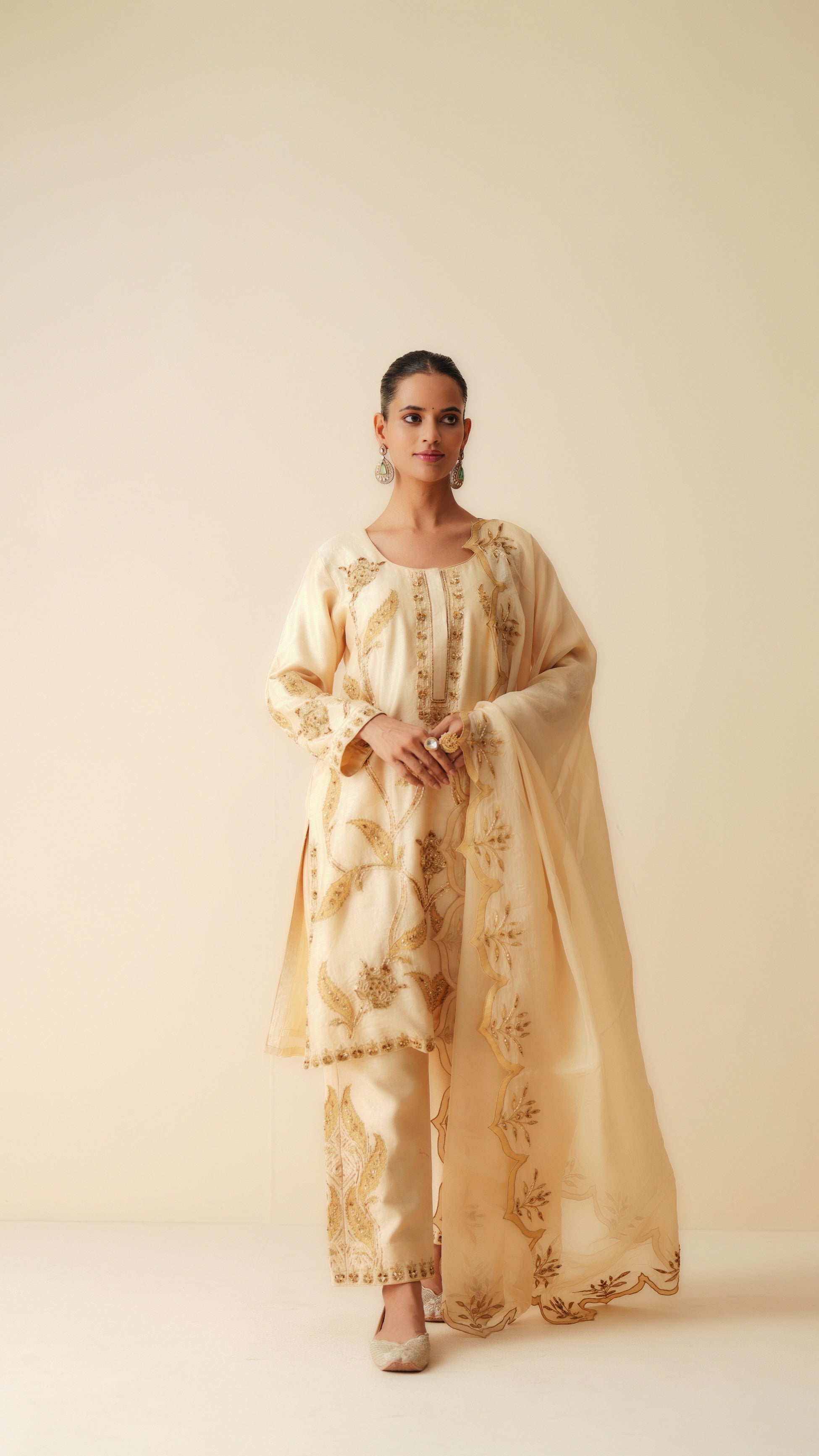 Beige Chanderi Silk Suit for Women with Organza Dupatta
