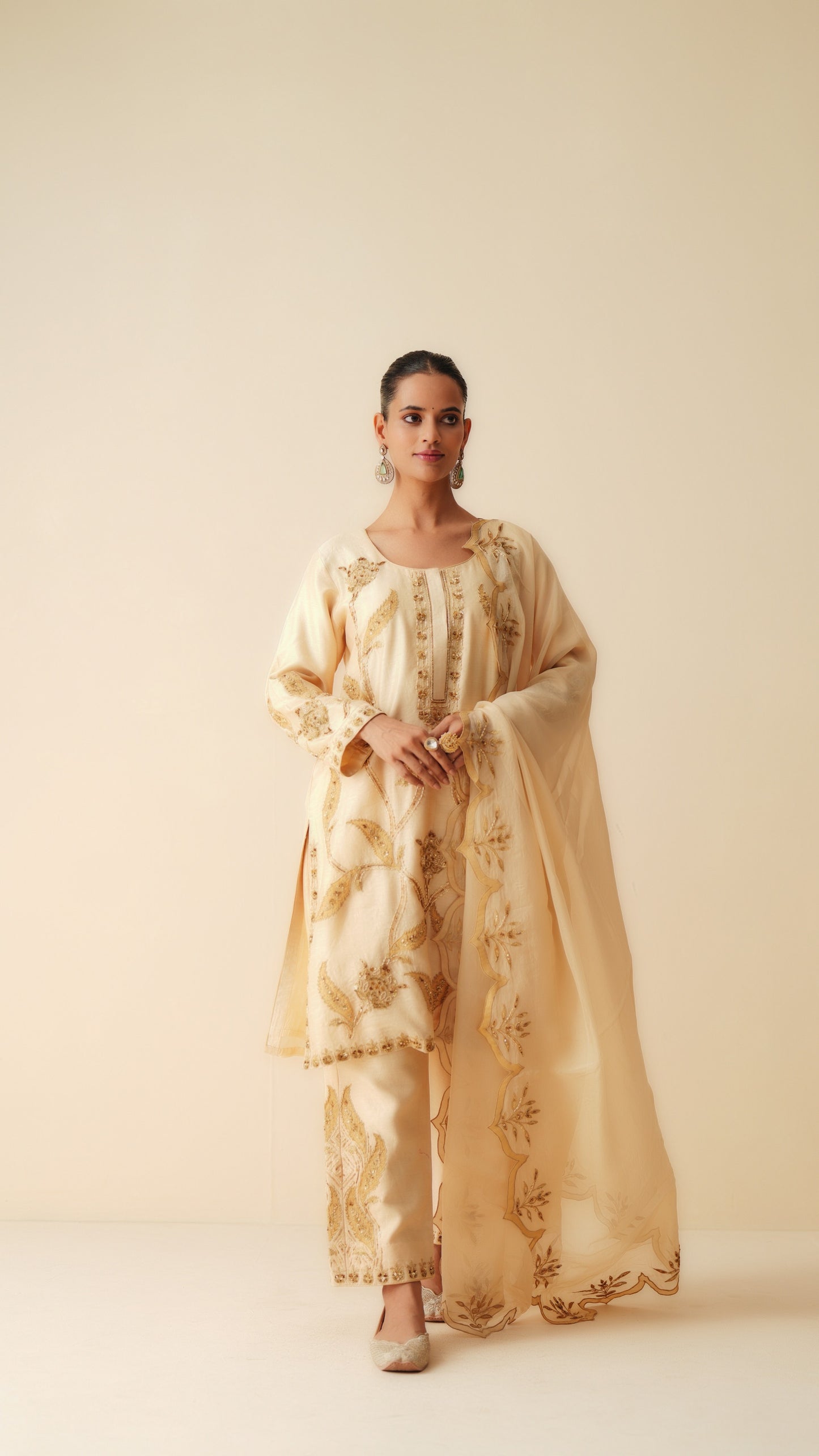 Beige Chanderi Silk Suit for Women with Organza Dupatta