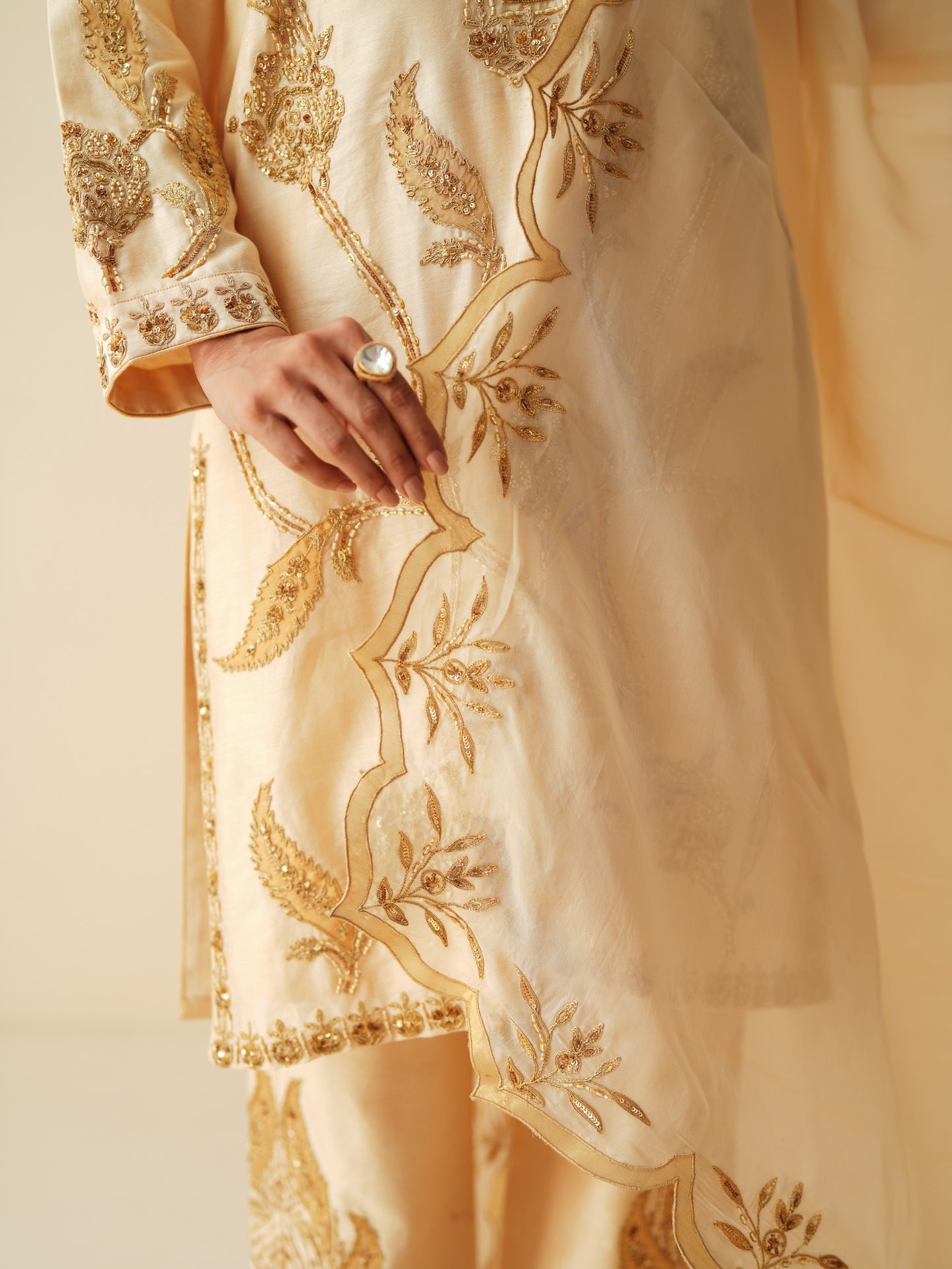Beige Chanderi Silk Suit for Women with Organza Dupatta