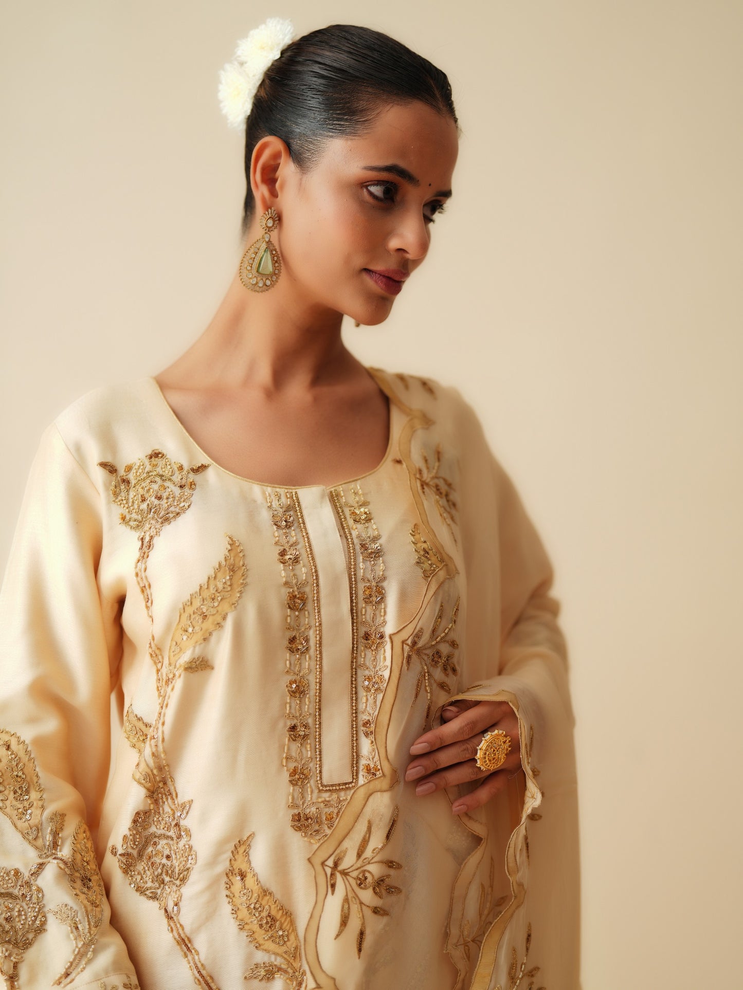 Beige Chanderi Silk Suit for Women with Organza Dupatta