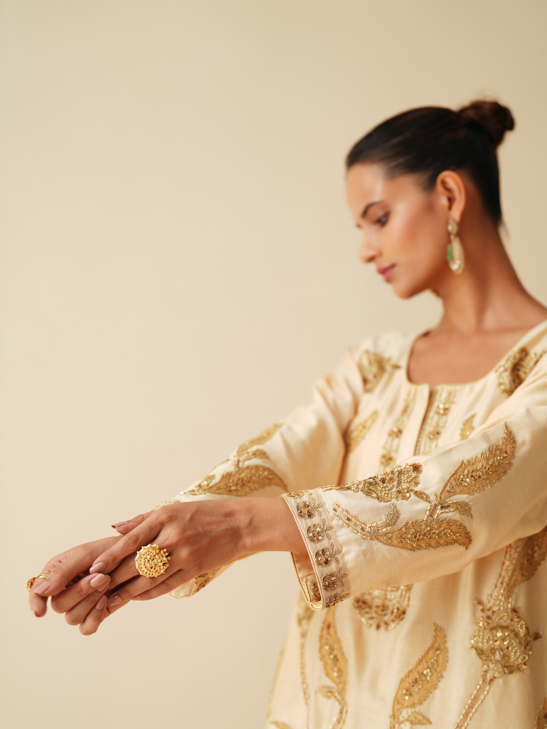 Beige Chanderi Silk Suit for Women with Organza Dupatta