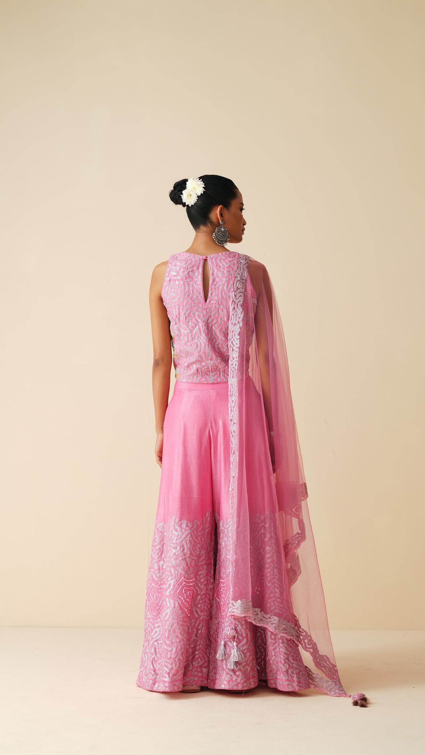 Cut-Sleeve Designer Pink Sharara Set with Net Dupatta