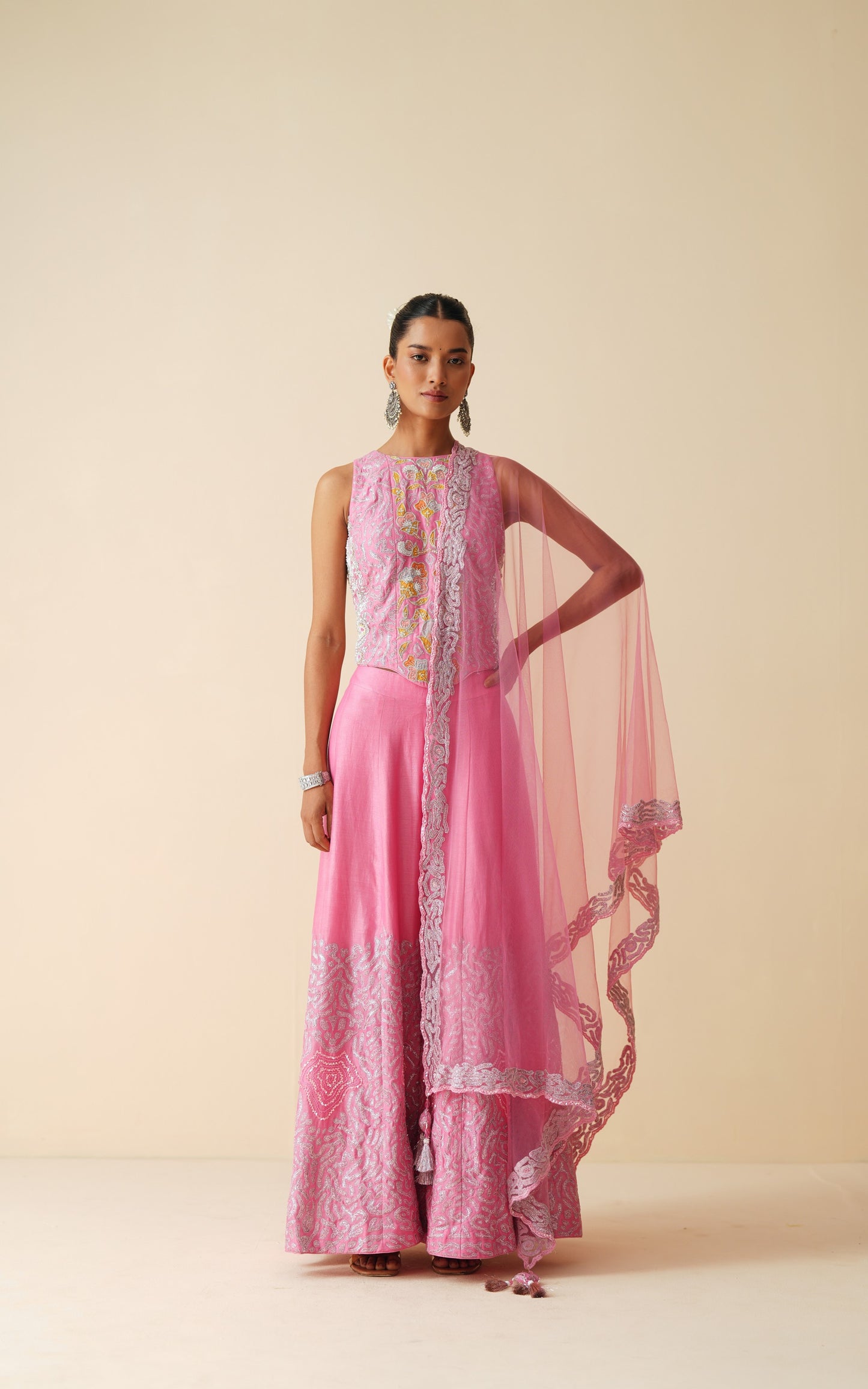Cut-Sleeve Designer Pink Sharara Set with Net Dupatta