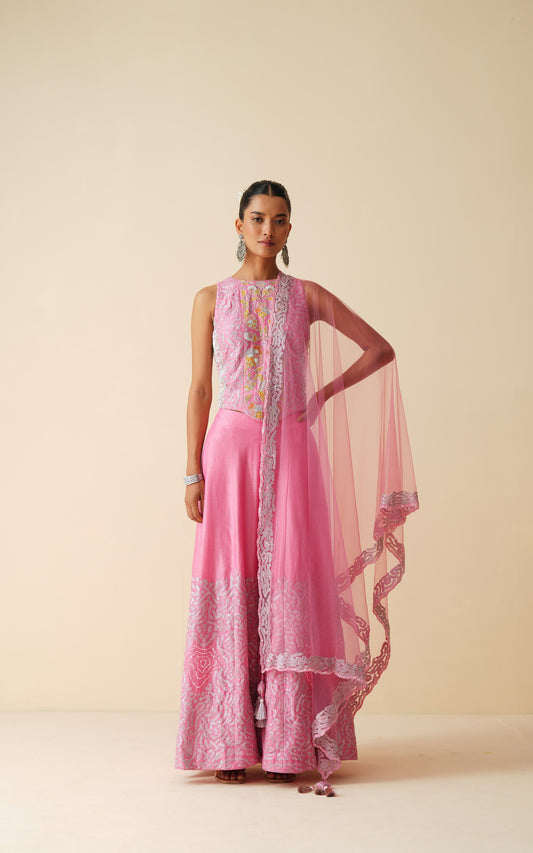 Cut-Sleeve Designer Pink Sharara Set with Net Dupatta