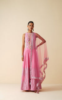 Cut-Sleeve Designer Pink Sharara Set with Net Dupatta
