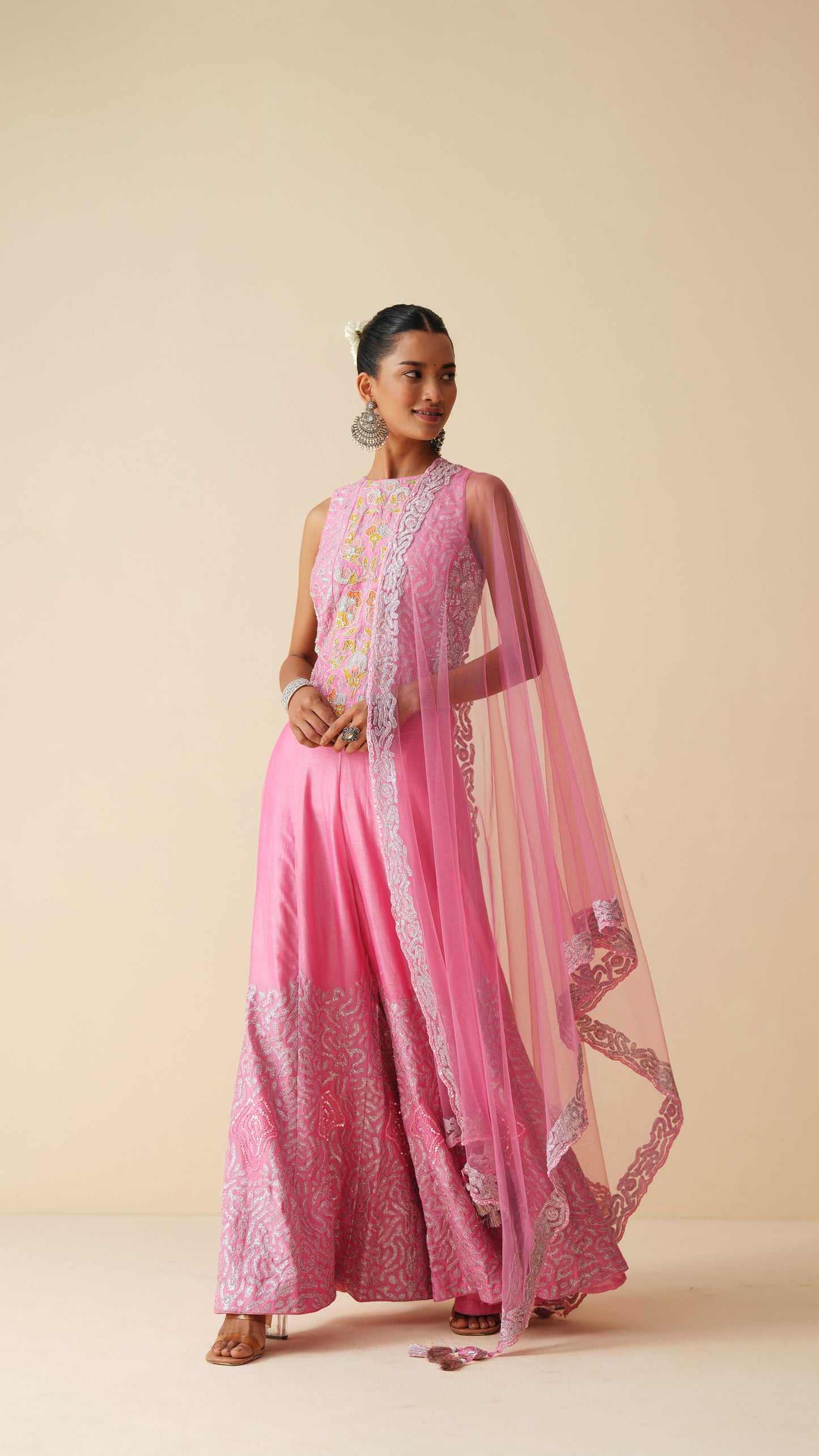 Cut-Sleeve Designer Pink Sharara Set with Net Dupatta