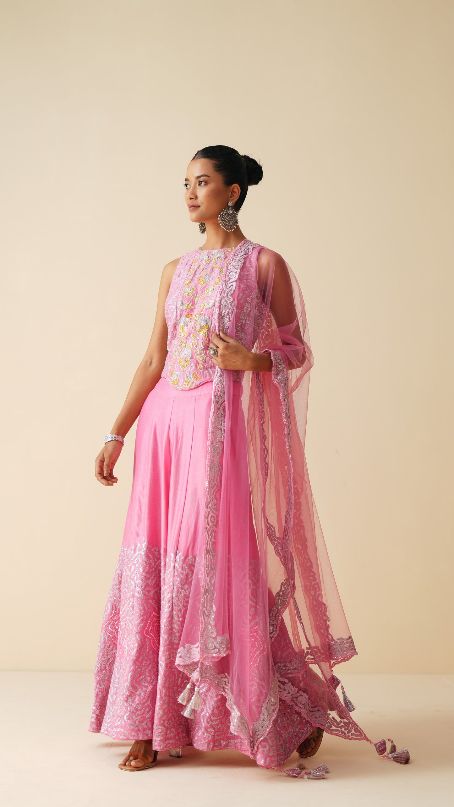 Cut-Sleeve Designer Pink Sharara Set with Net Dupatta