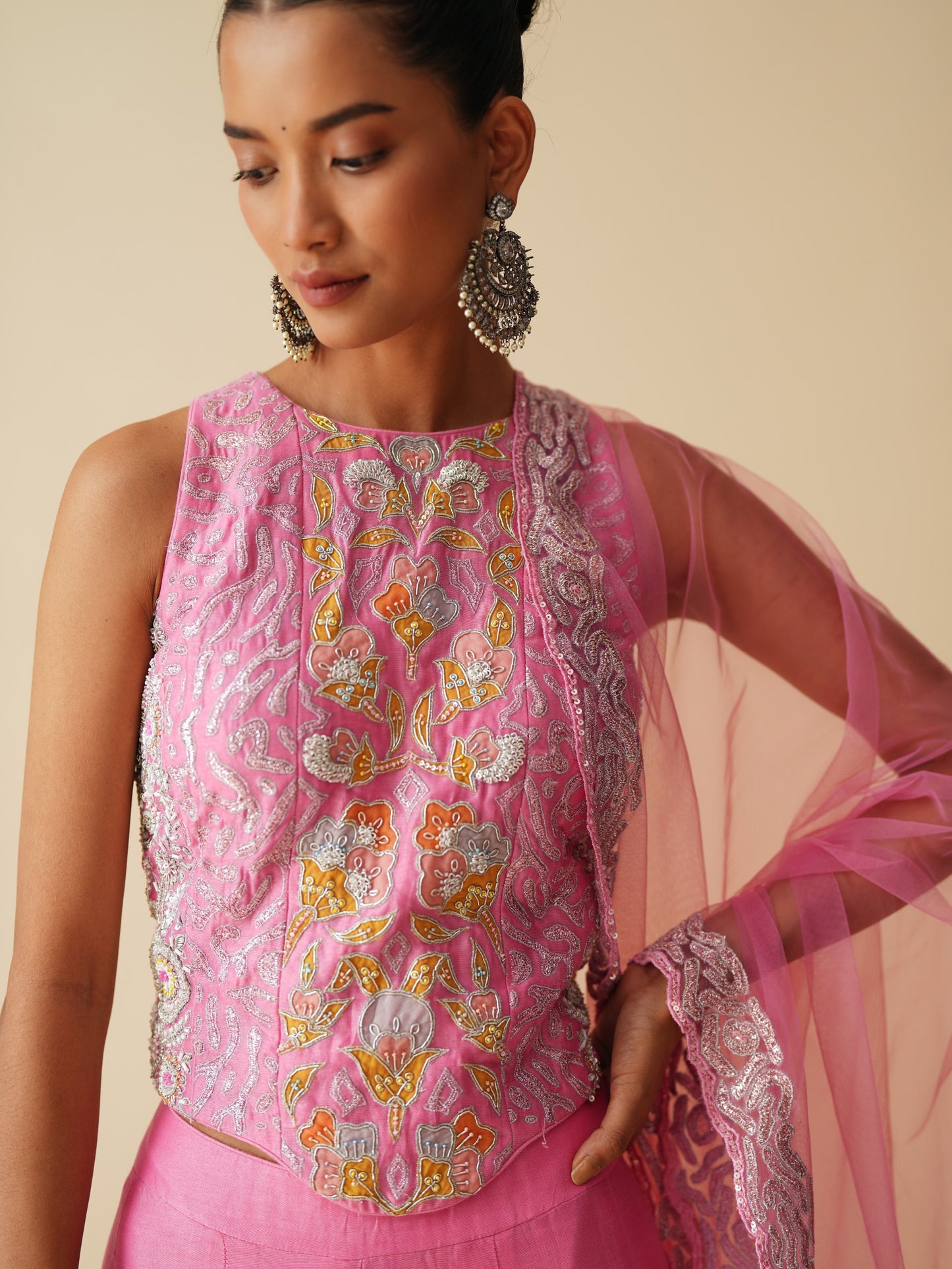 Cut-Sleeve Designer Pink Sharara Set with Net Dupatta