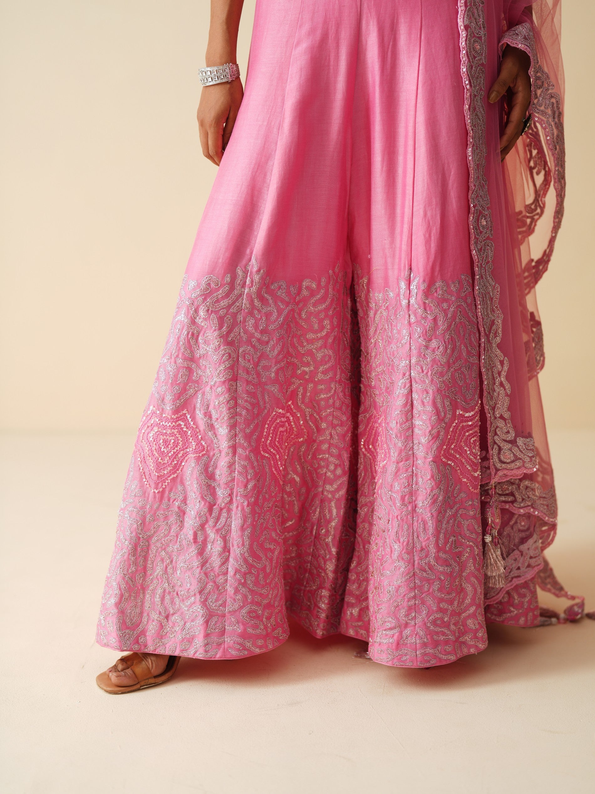 Cut-Sleeve Designer Pink Sharara Set with Net Dupatta