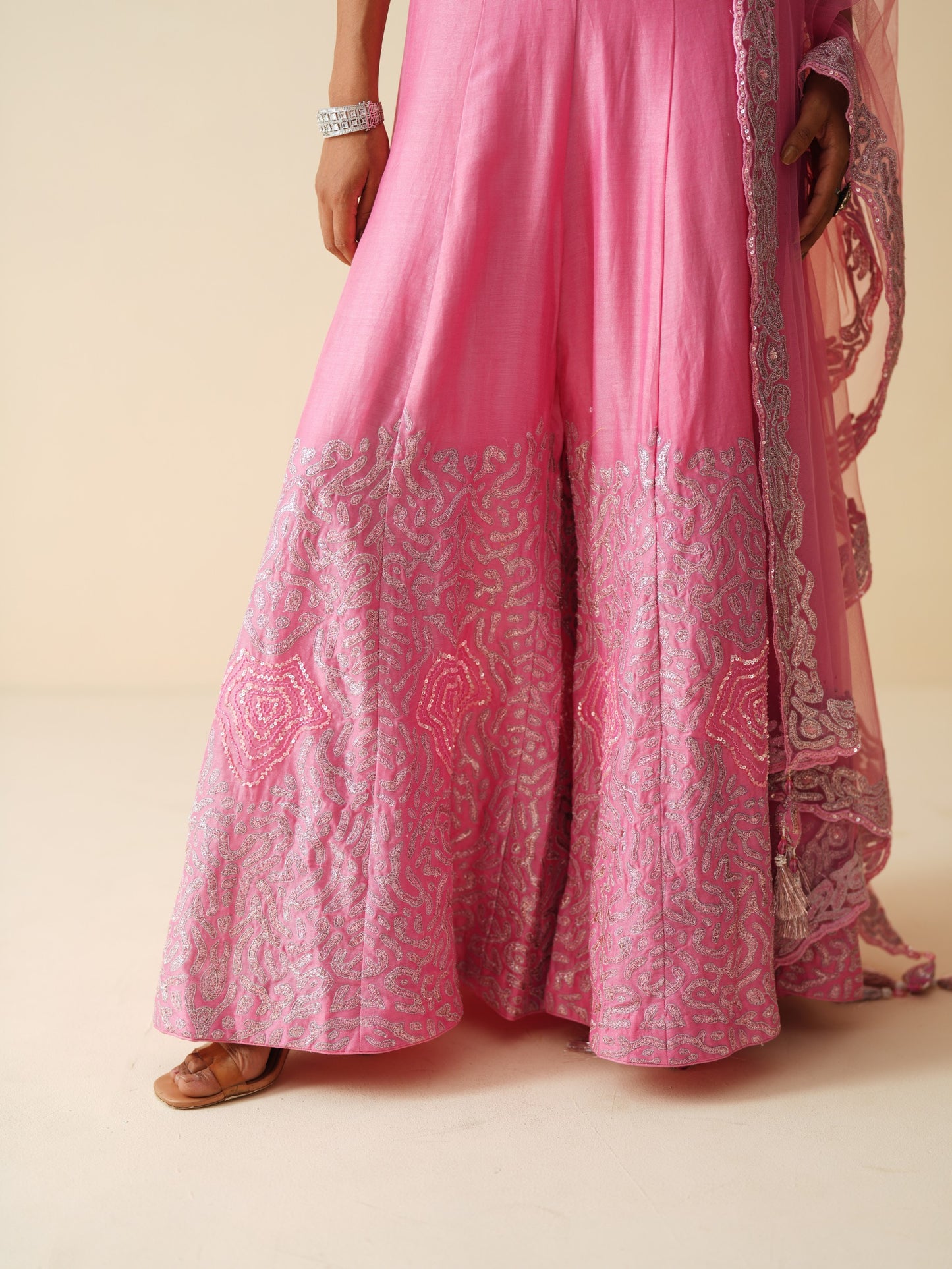 Cut-Sleeve Designer Pink Sharara Set with Net Dupatta